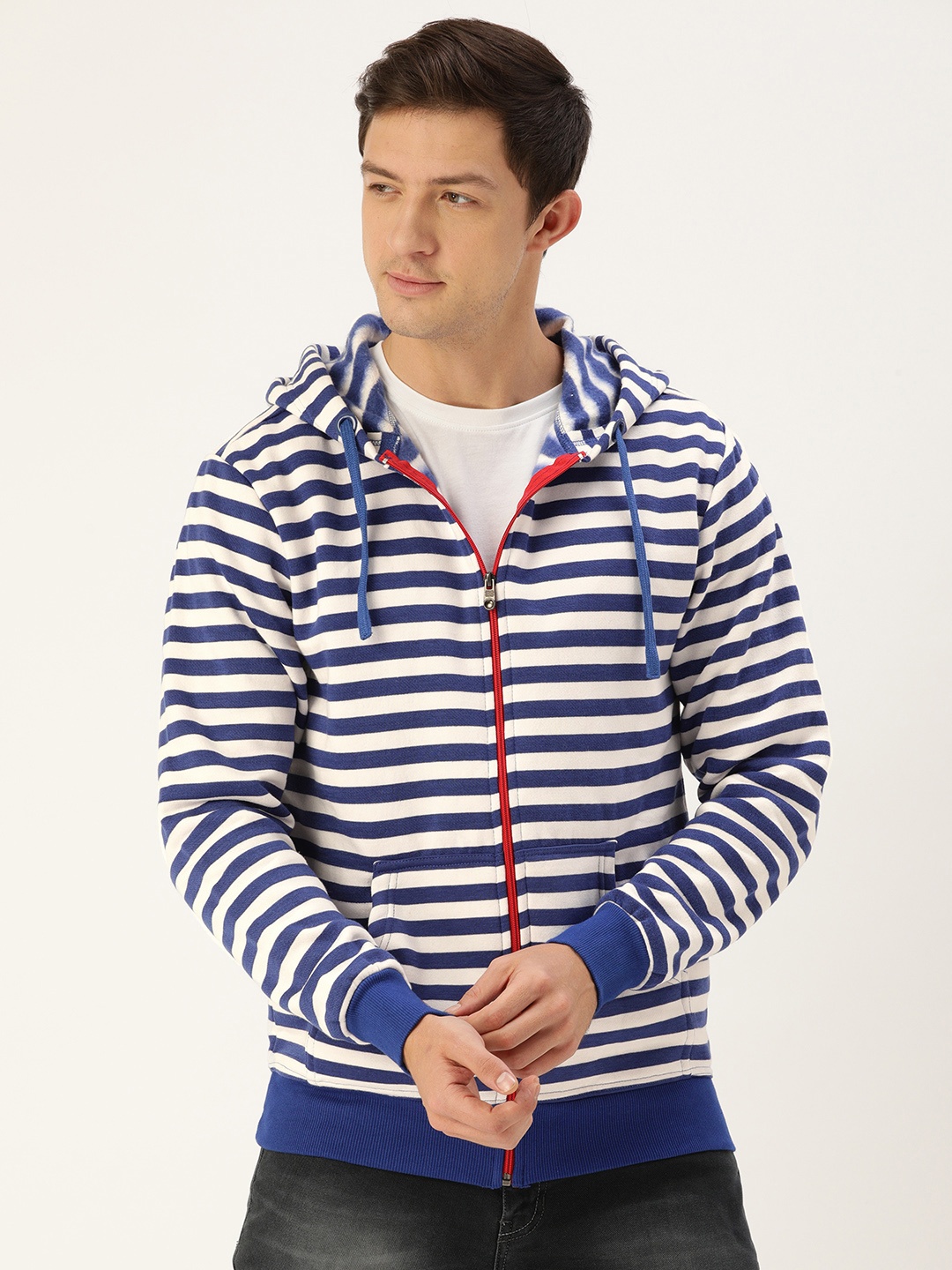 

Campus Sutra Men White & Blue Striped Hooded Sweatshirt