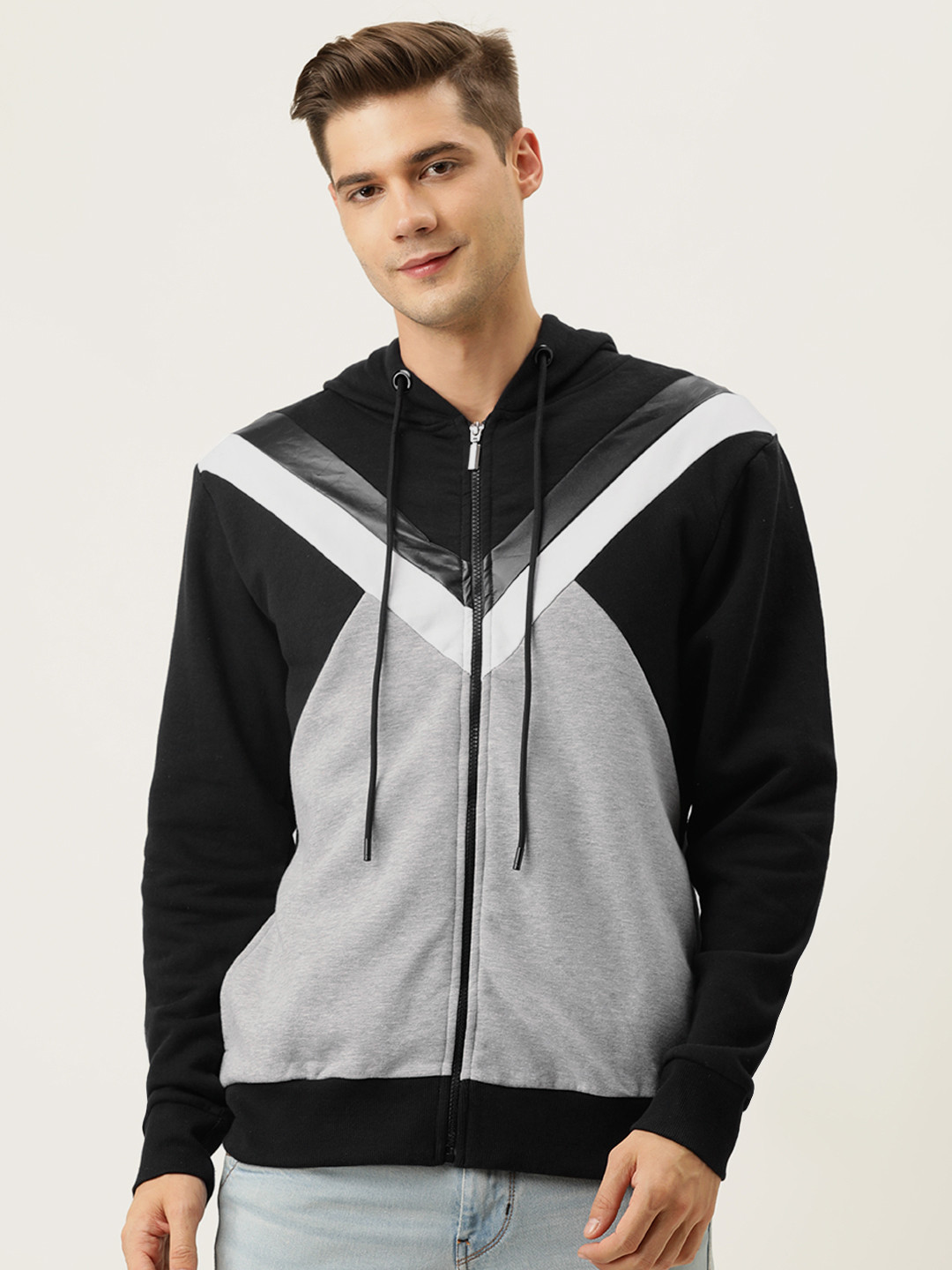 

Campus Sutra Men Black & Grey Colourblocked Hooded Front-Open Sweatshirt