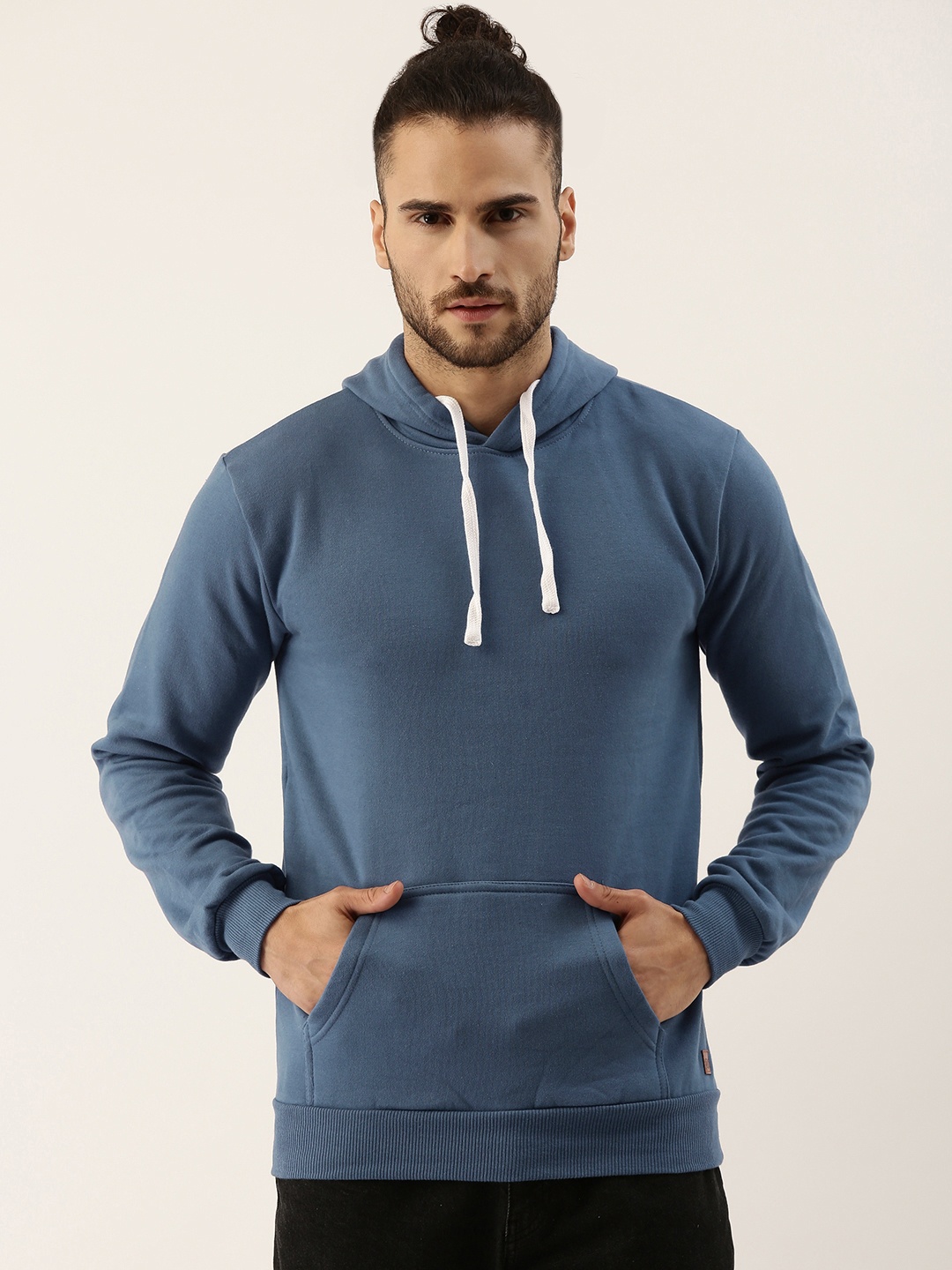 

Campus Sutra Men Teal Blue Solid Pure Cotton Hooded Sweatshirt