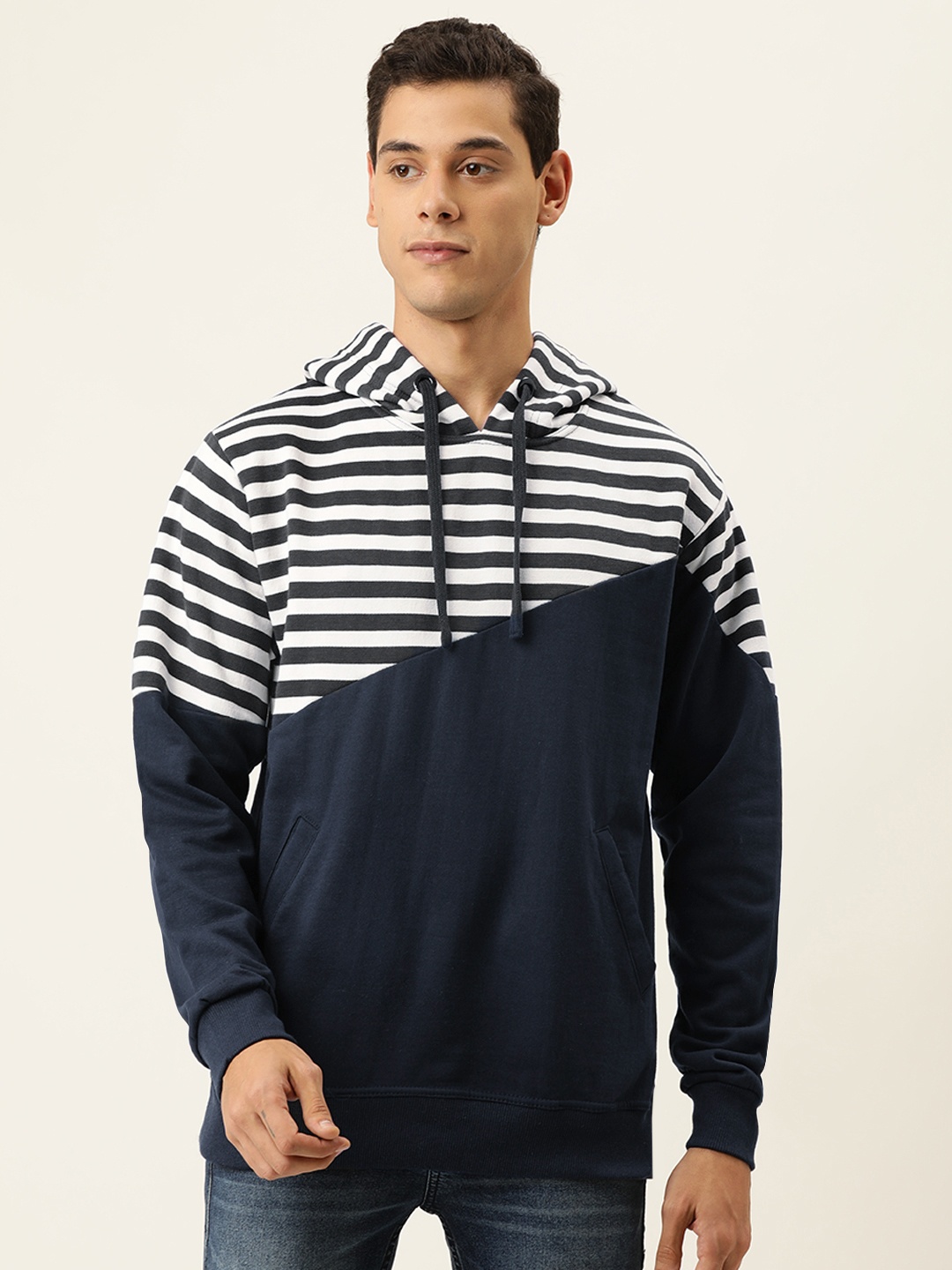 

Campus Sutra Men Navy Blue & White Striped Hooded Sweatshirt