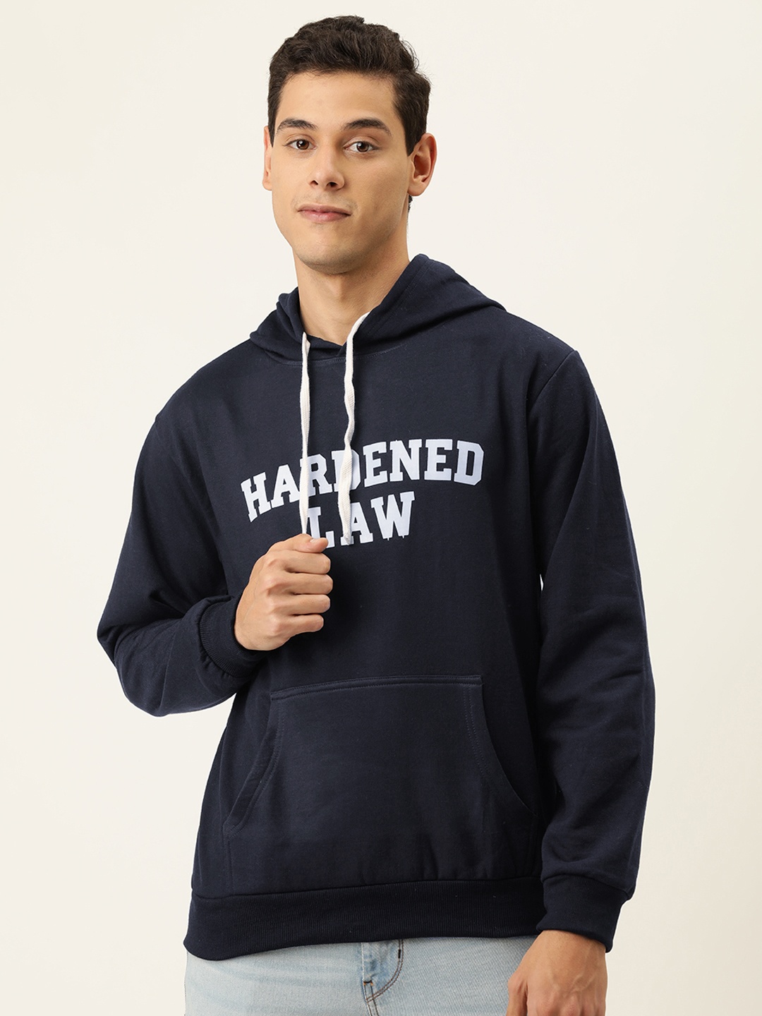 

Campus Sutra Men Navy Blue Printed Hooded Sweatshirt
