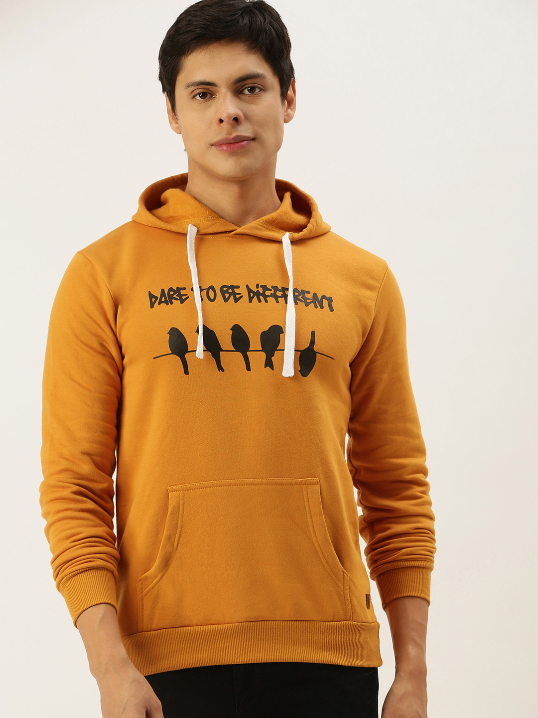 

Campus Sutra Men Mustard Yellow Printed Hooded Sweatshirt