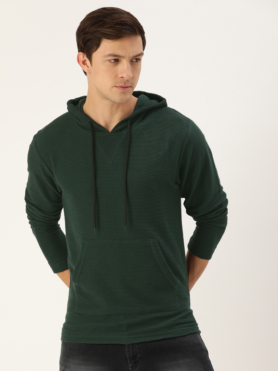 

Campus Sutra Men Green Ribbed Hooded Sweatshirt