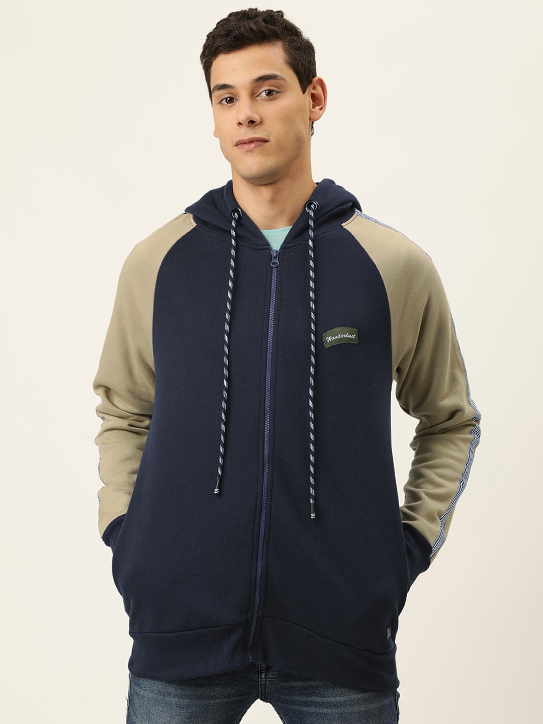 

Campus Sutra Men Navy Blue Colourblocked Sleeves Hooded Sweatshirt