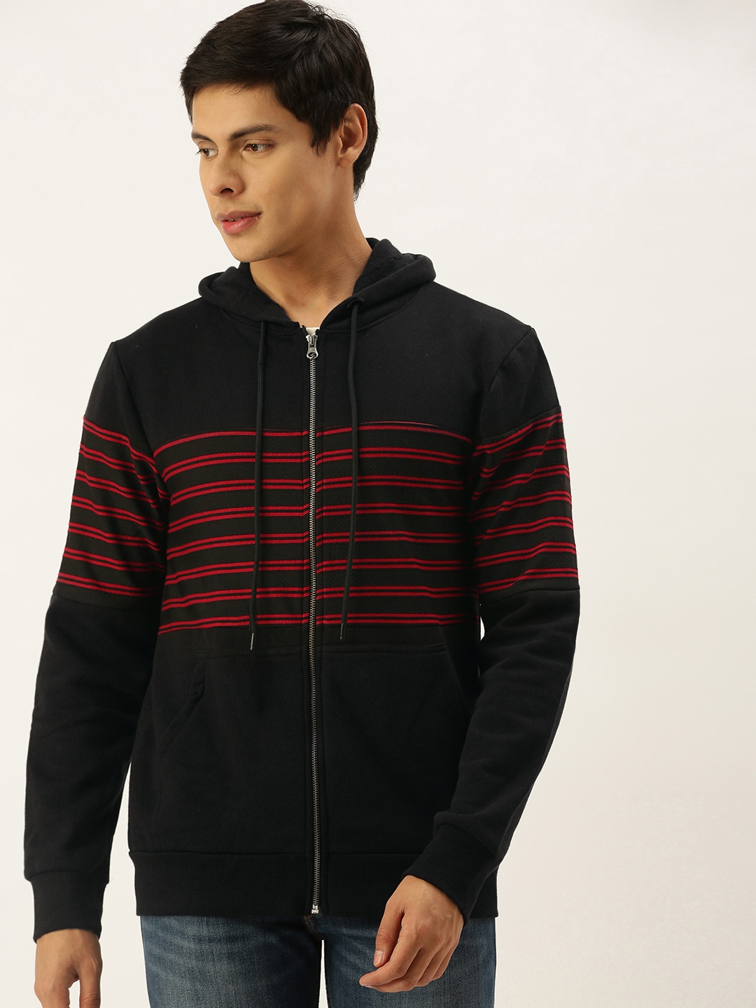 

Campus Sutra Men Black & Red Striped Hooded Sweatshirt