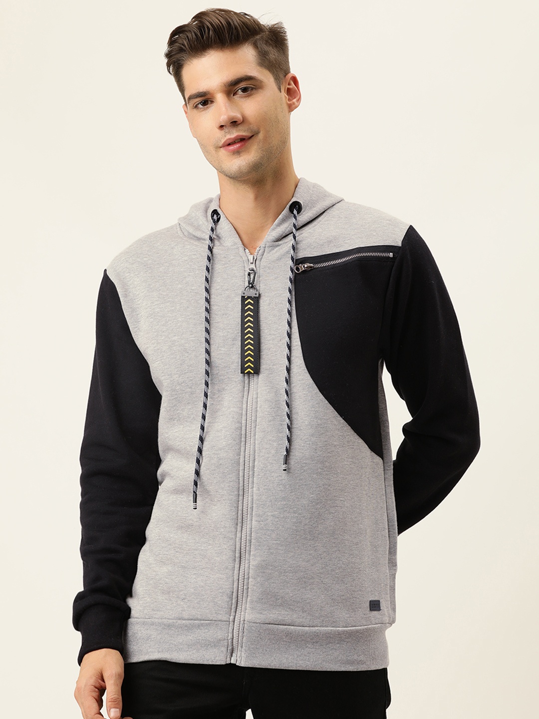 

Campus Sutra Men Grey & Black Colourblocked Hooded Sweatshirt