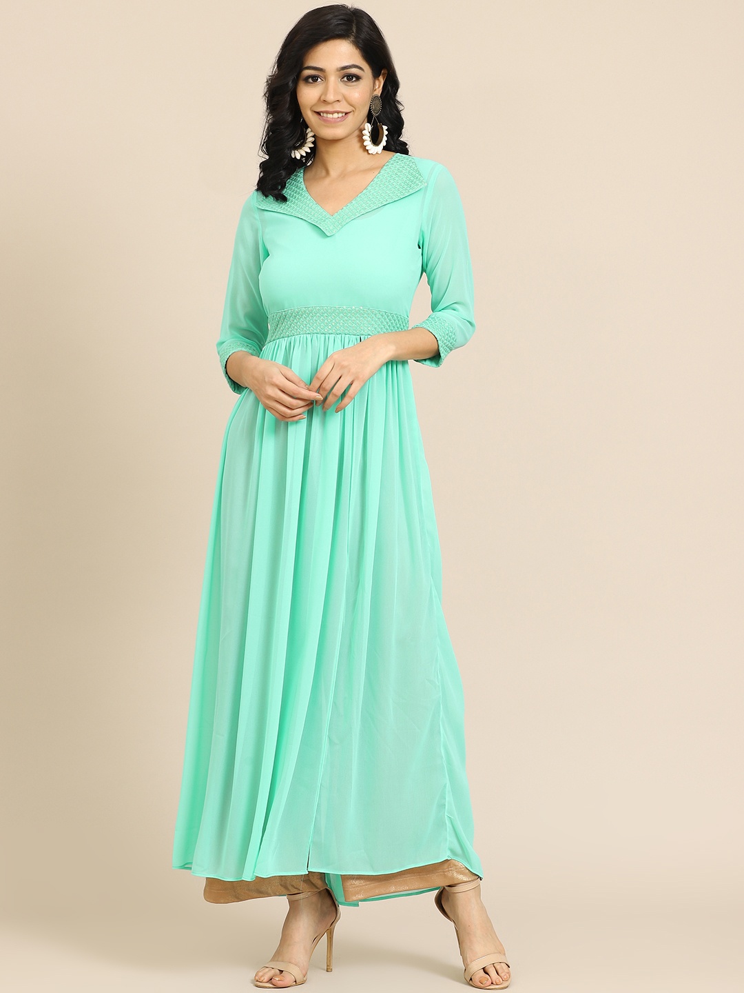 

Saadgi Women Sea Green Ethnic Motifs Embroidered Chikankari Georgette Anarkali Kurta