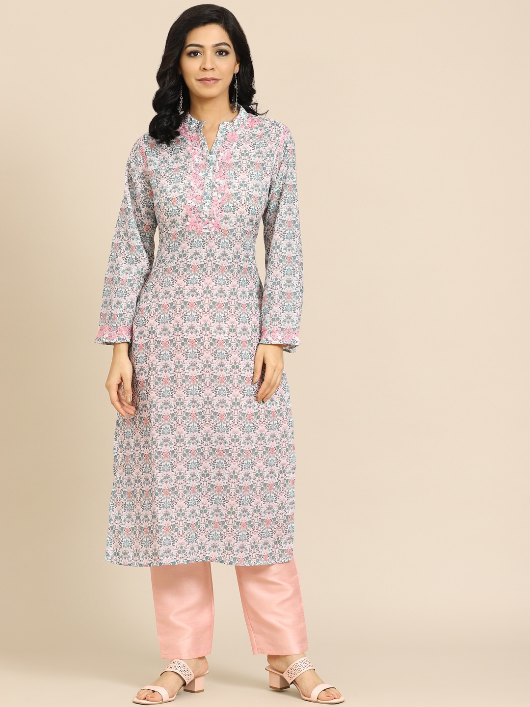 

Saadgi Women White & Pink Ethnic Motifs Embroidered Bell Sleeves Chikankari Kurta