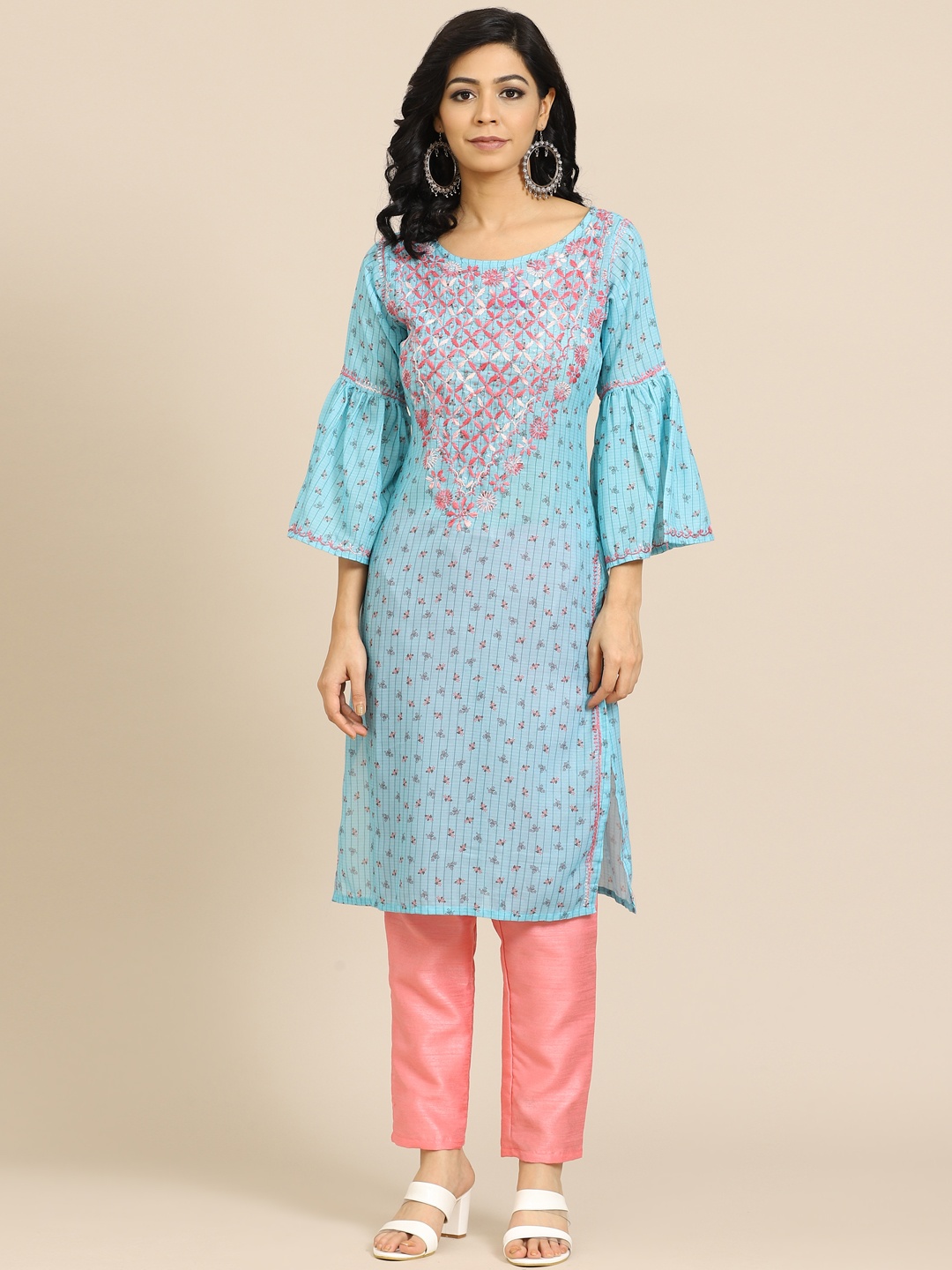 

Saadgi Women Turquoise Blue Ethnic Motifs Bell Sleeves Chikankari Kurta
