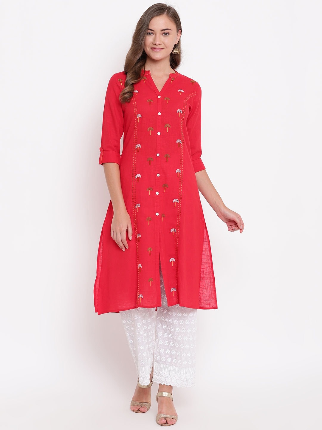 

Be Indi Women Red Ethnic Motifs Thread Work Kurta