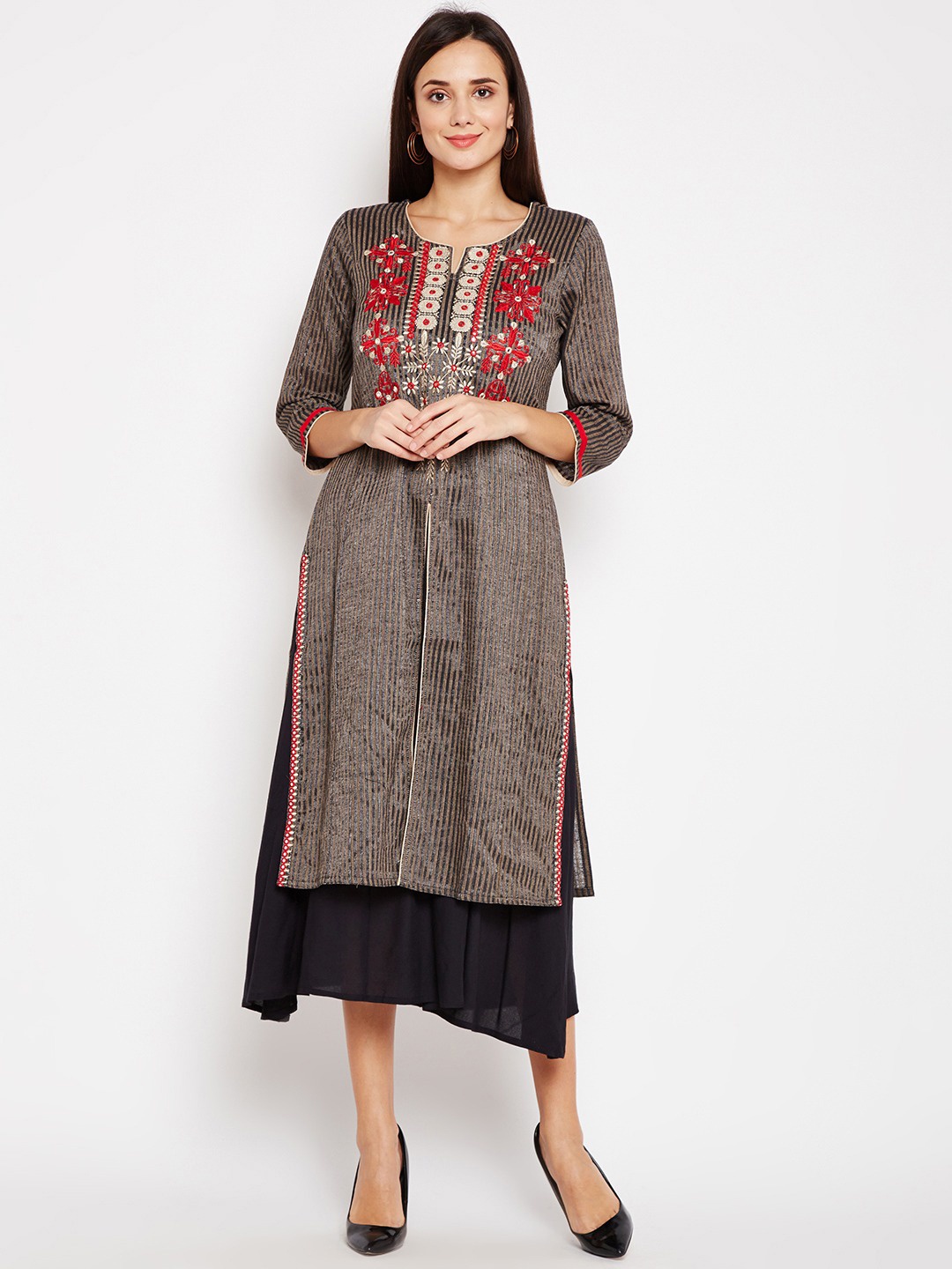

Be Indi Women Grey Ethnic Motifs Embroidered Mirror Work Kurta