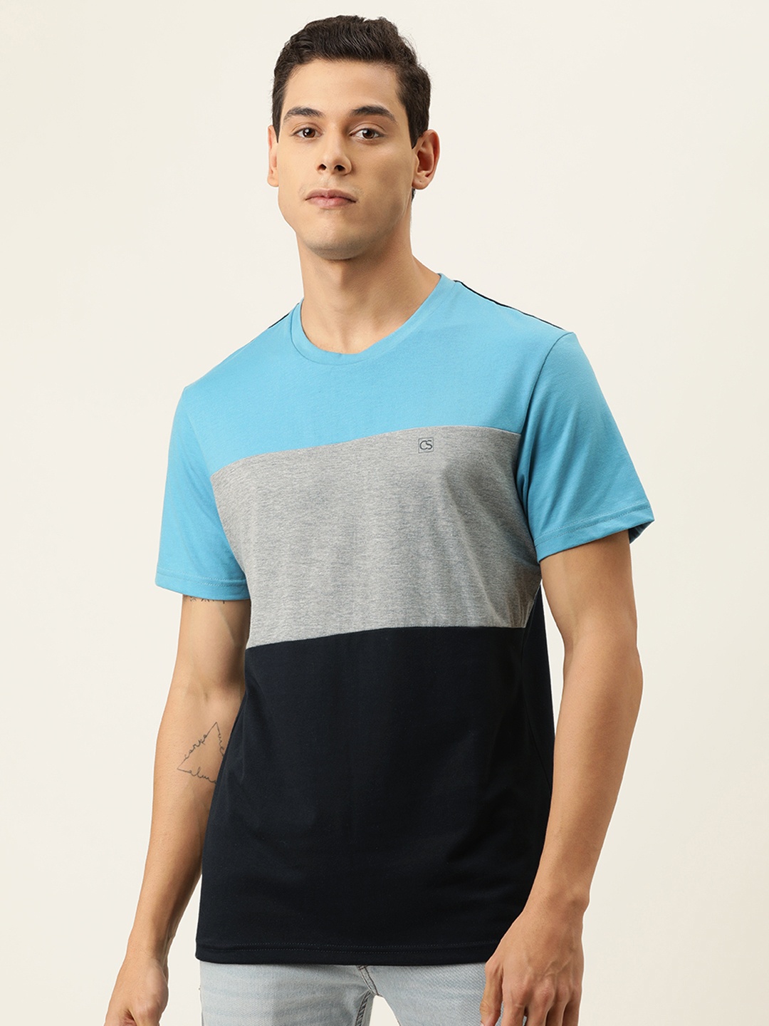 

Campus Sutra Men Blue & Grey Melange Colourblocked T-shirt