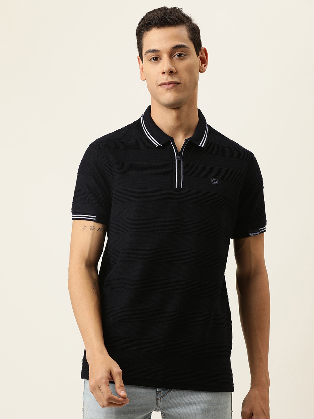 

Campus Sutra Men Black Self Striped Polo Collar T-shirt