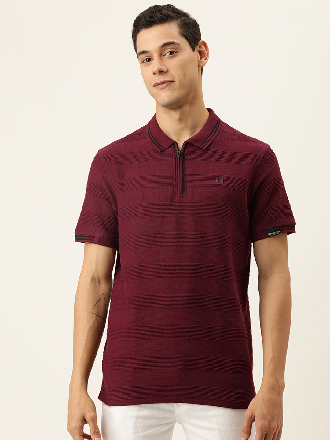 

Campus Sutra Men Maroon Self Striped Polo Collar T-shirt
