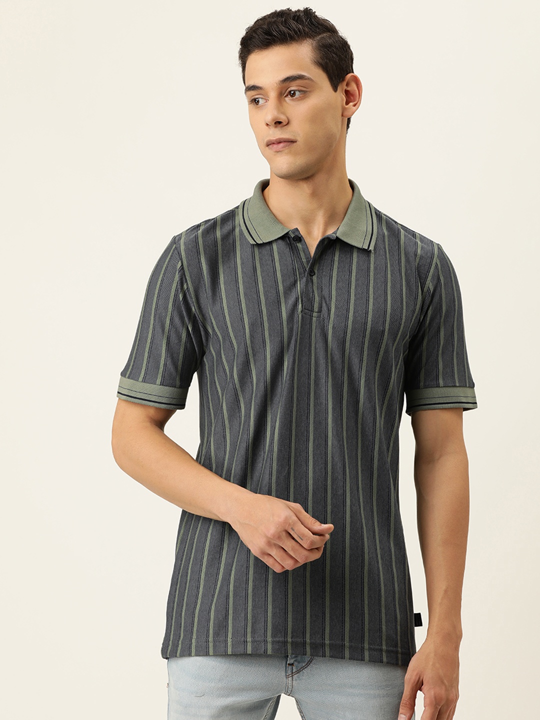 

Campus Sutra Men Grey & Olive Green Striped Polo Collar T-shirt