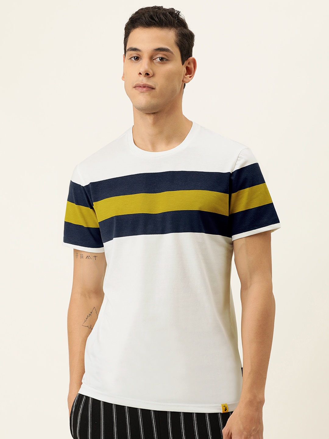 

Campus Sutra Men White & Navy Blue Striped T-shirt