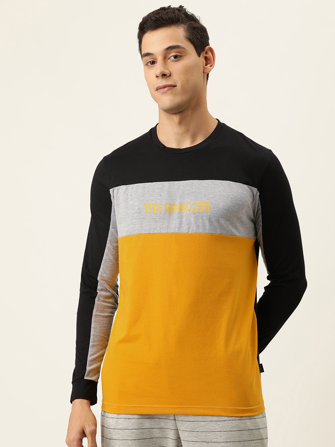 

Campus Sutra Men Mustard Yellow & Black Colourblocked T-shirt