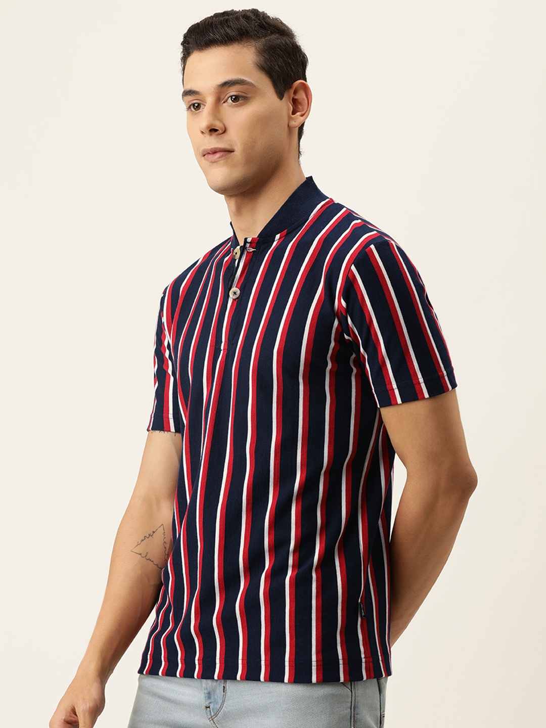 

Campus Sutra Men Navy Blue & Red Striped Mandarin Collar T-shirt