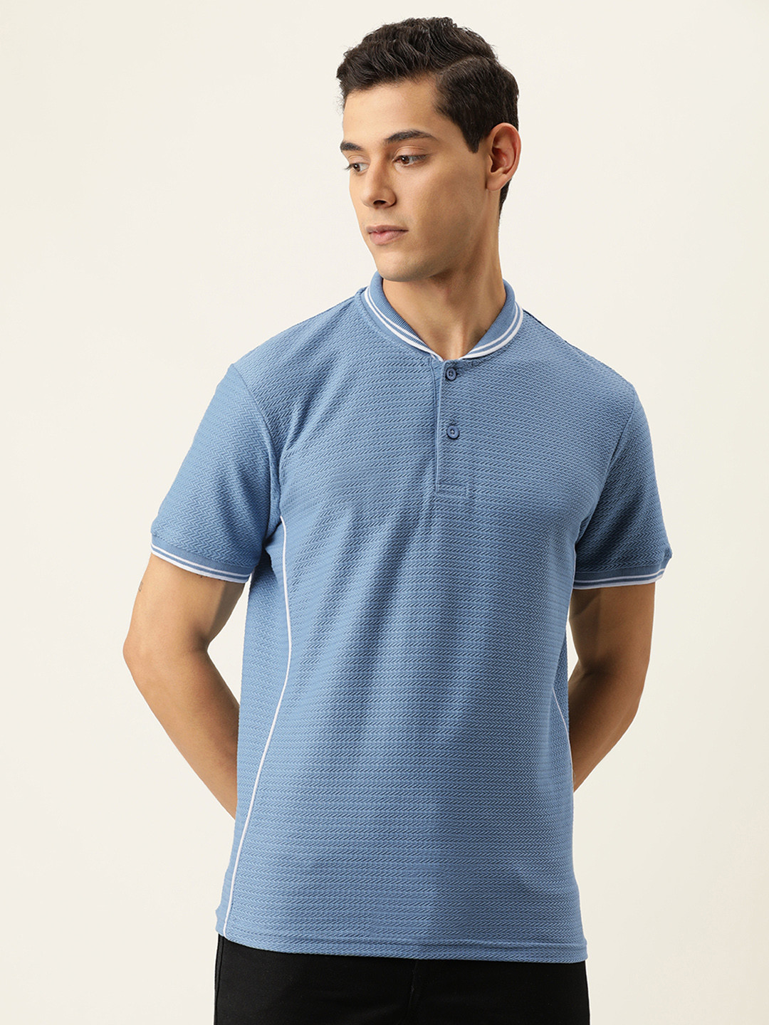 

Campus Sutra Men Blue Self-design Polo Collar T-shirt