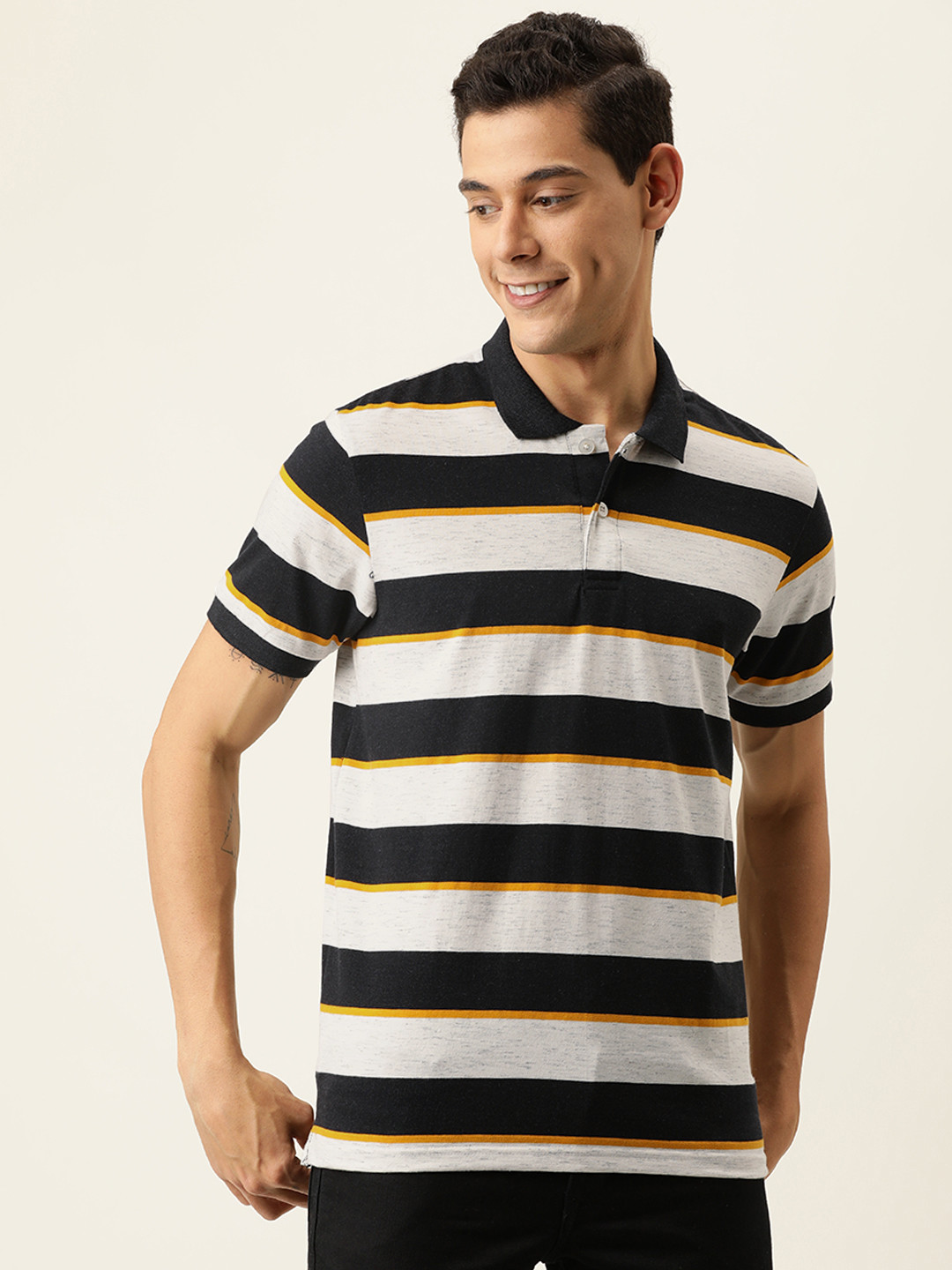 

Campus Sutra Men White & Black Striped Polo Collar T-shirt