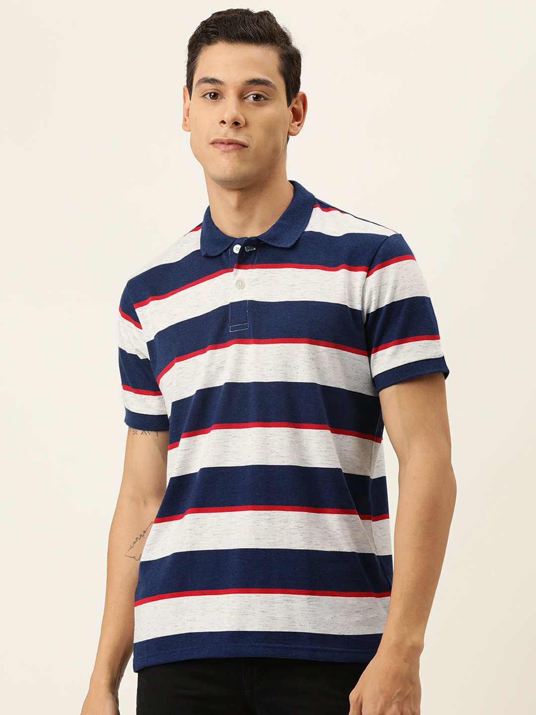 

Campus Sutra Men White & Blue Striped Polo Collar T-shirt