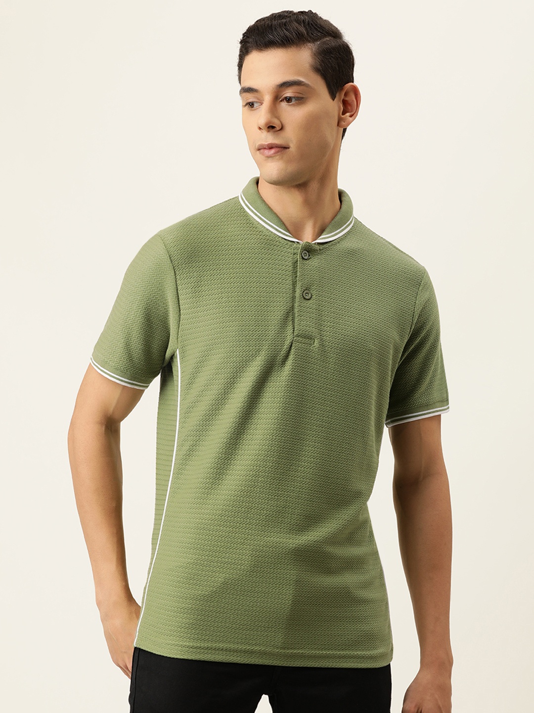 

Campus Sutra Men Green Self Design Polo Collar T-shirt