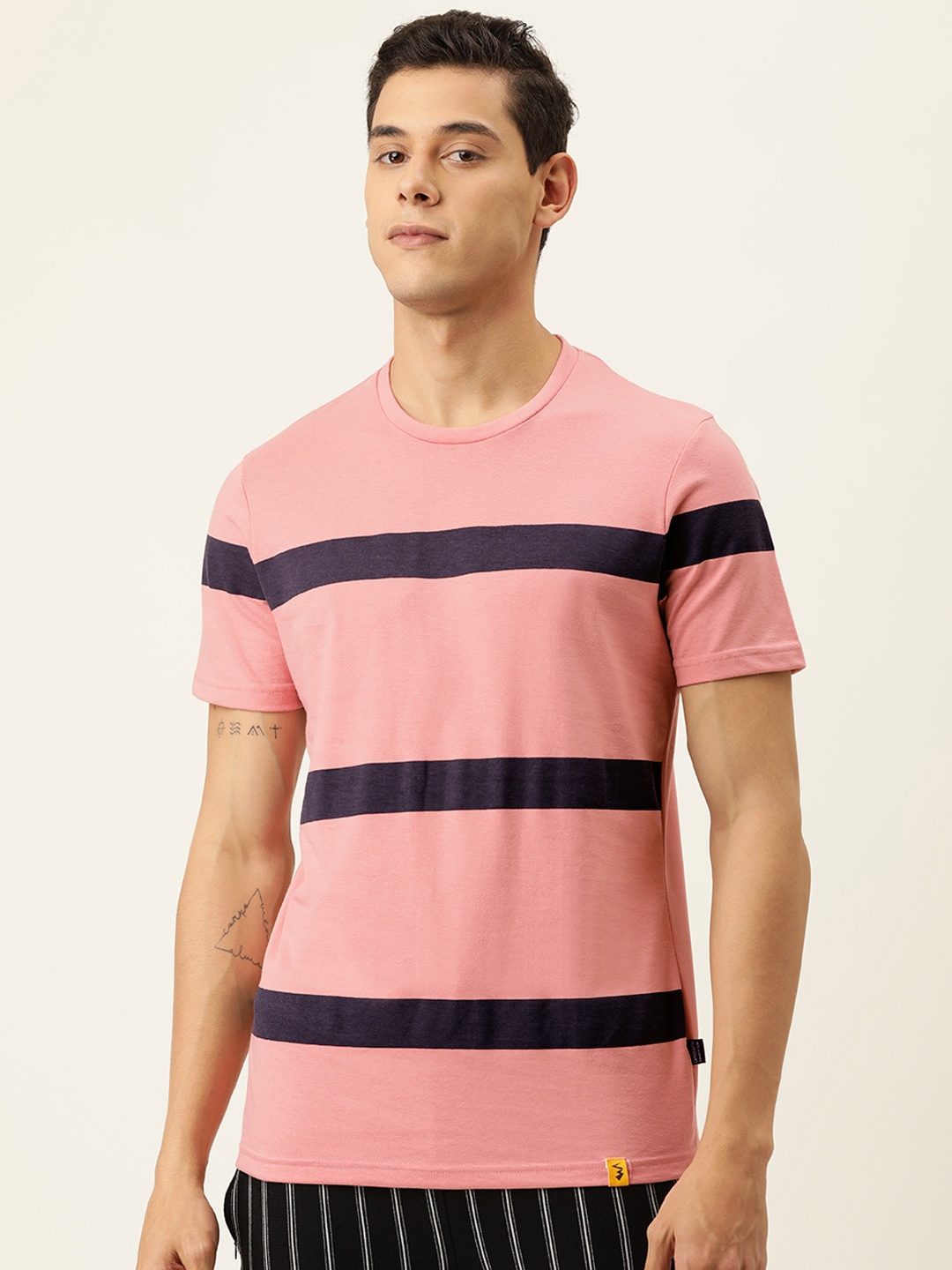 

Campus Sutra Men Pink & Black Striped Round Neck T-shirt
