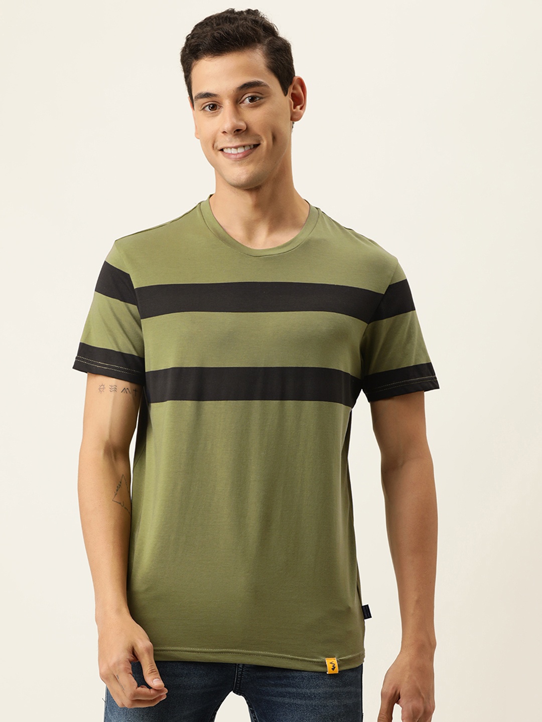 

Campus Sutra Men Olive Green & Black Striped T-shirt