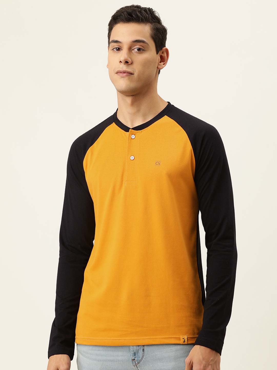 

Campus Sutra Men Mustard Yellow & Black Henley Neck T-shirt