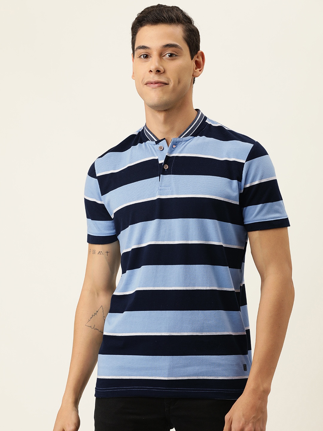 

Campus Sutra Men Blue Striped Mandarin Collar T-shirt