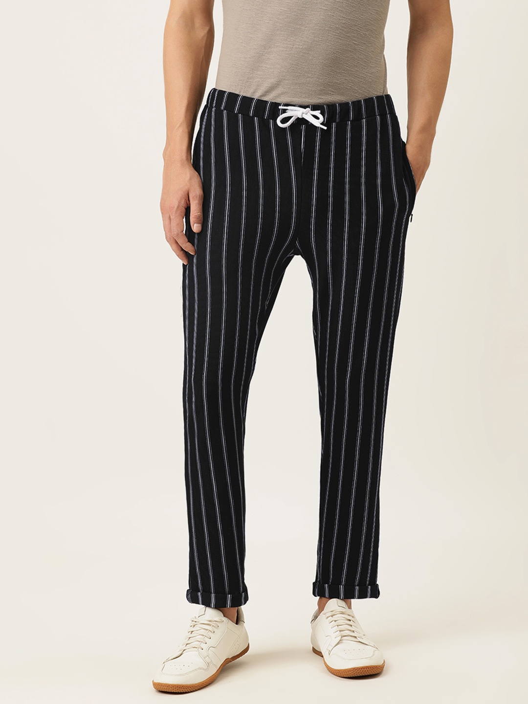 

Campus Sutra Men Black & White Striped Straight-Fit Track Pants