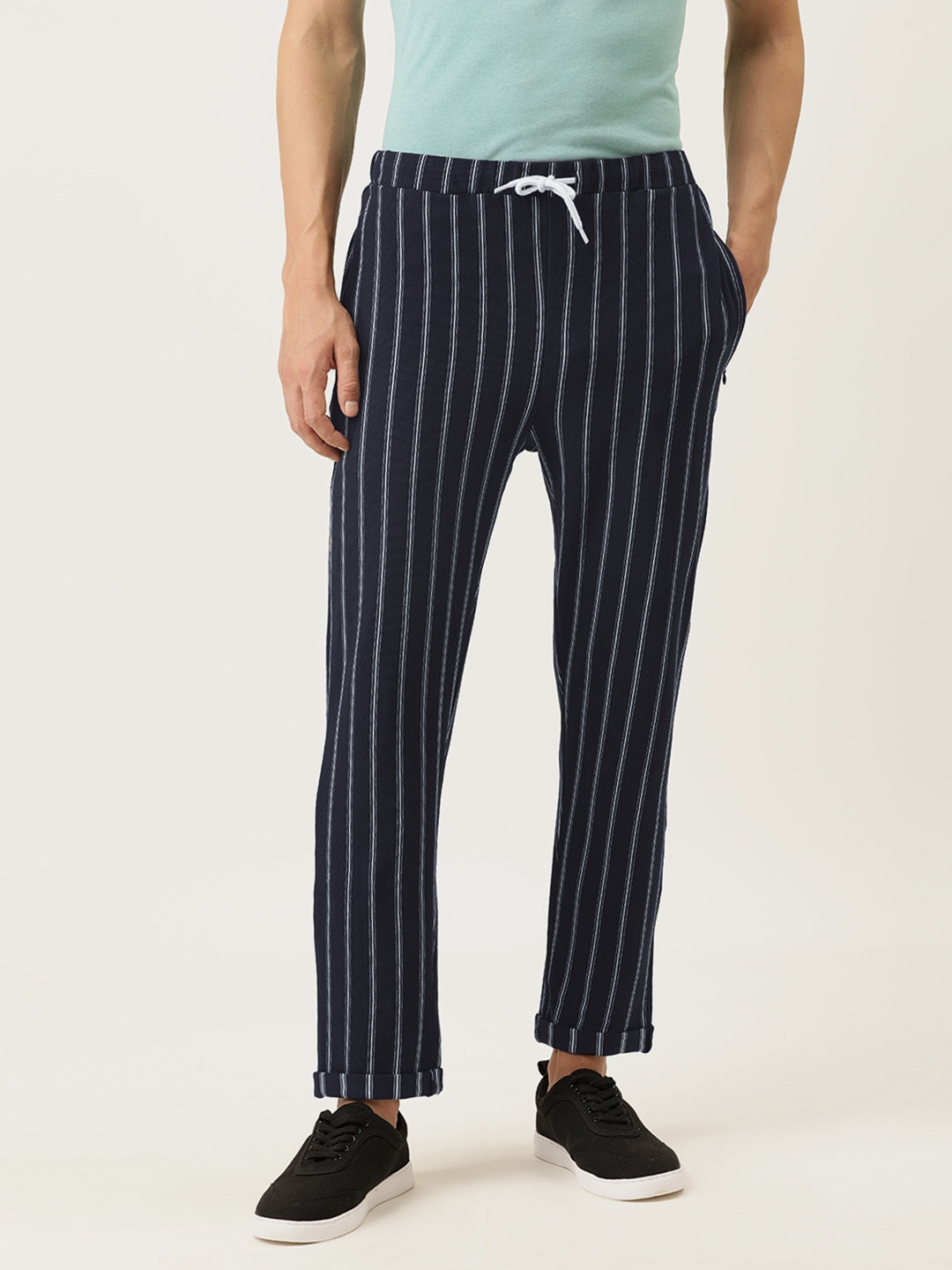 

Campus Sutra Men Navy blue & White Striped Straight Fit Track Pants