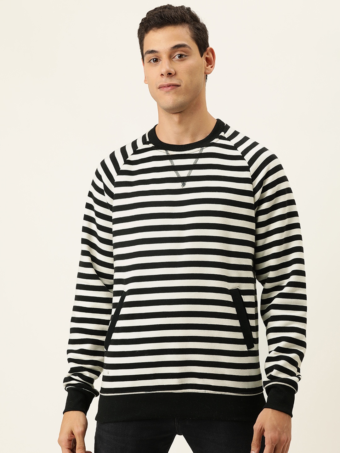 

Campus Sutra Men Black & White Striped Pullover Sweater