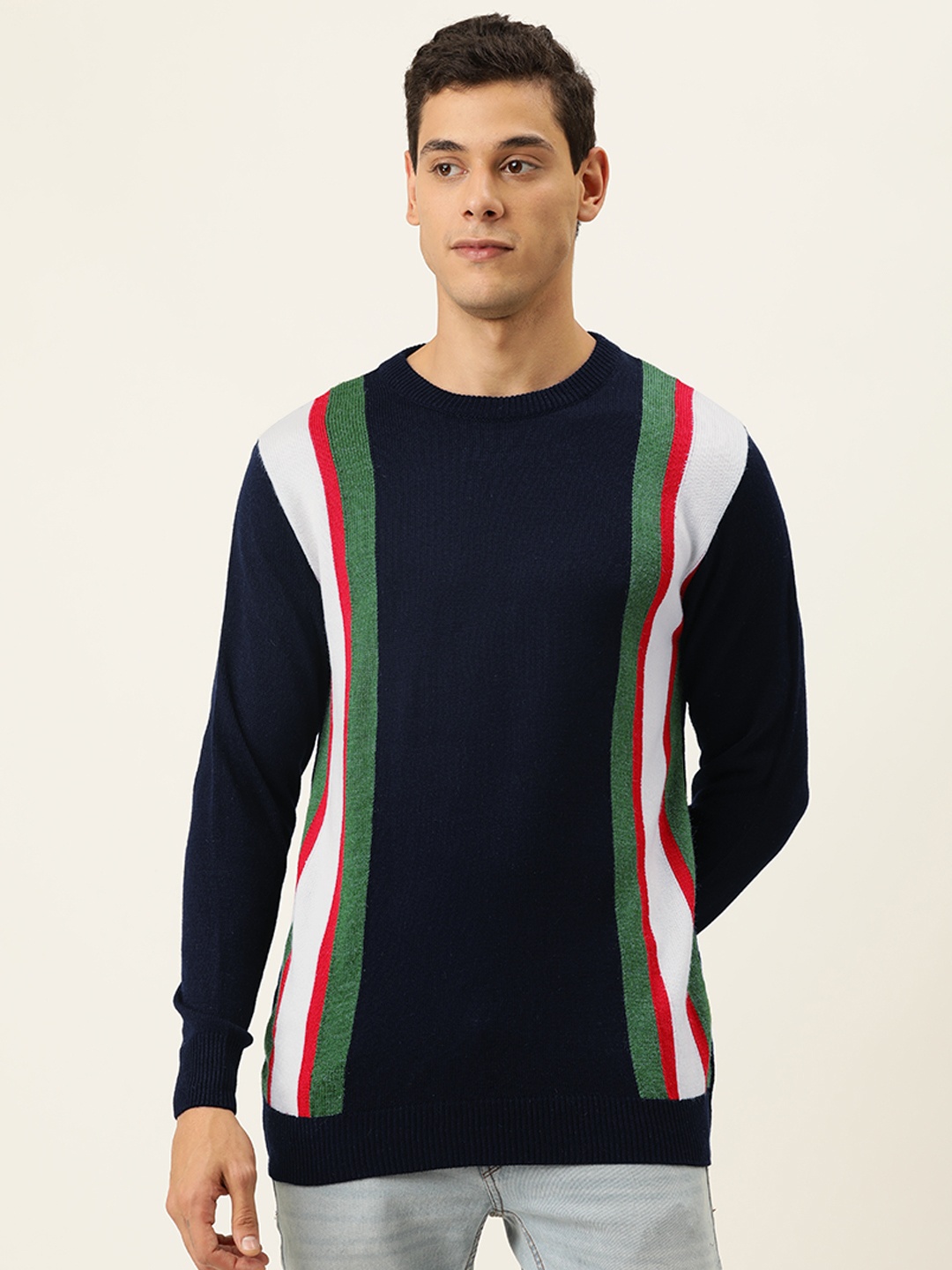 

Campus Sutra Men Navy Blue & Green Striped Pullover Sweater