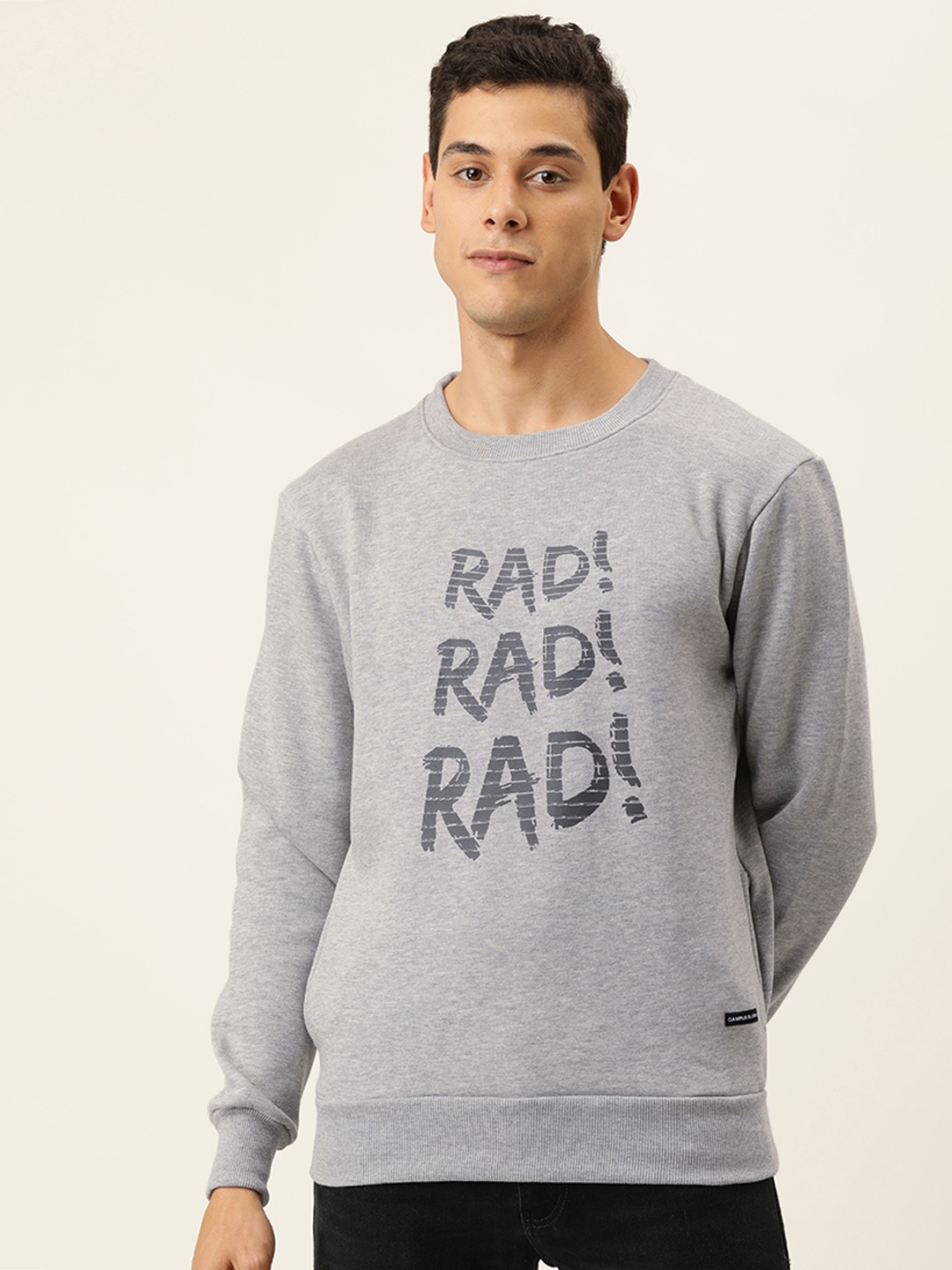 

Campus Sutra Men Grey Melange Typography Printed Pullover Sweater