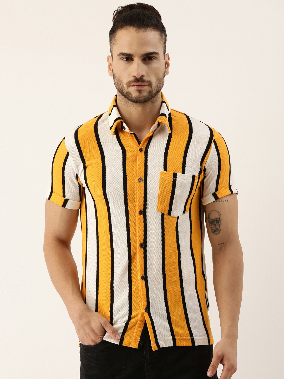 

Campus Sutra Men Mustard Yellow & White Cotton Striped Casual Shirt