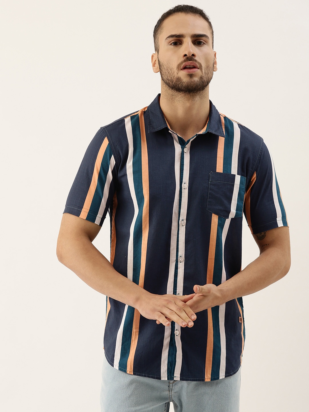 

Campus Sutra Men Navy Blue & Peach-Coloured Cotton Striped Casual Shirt