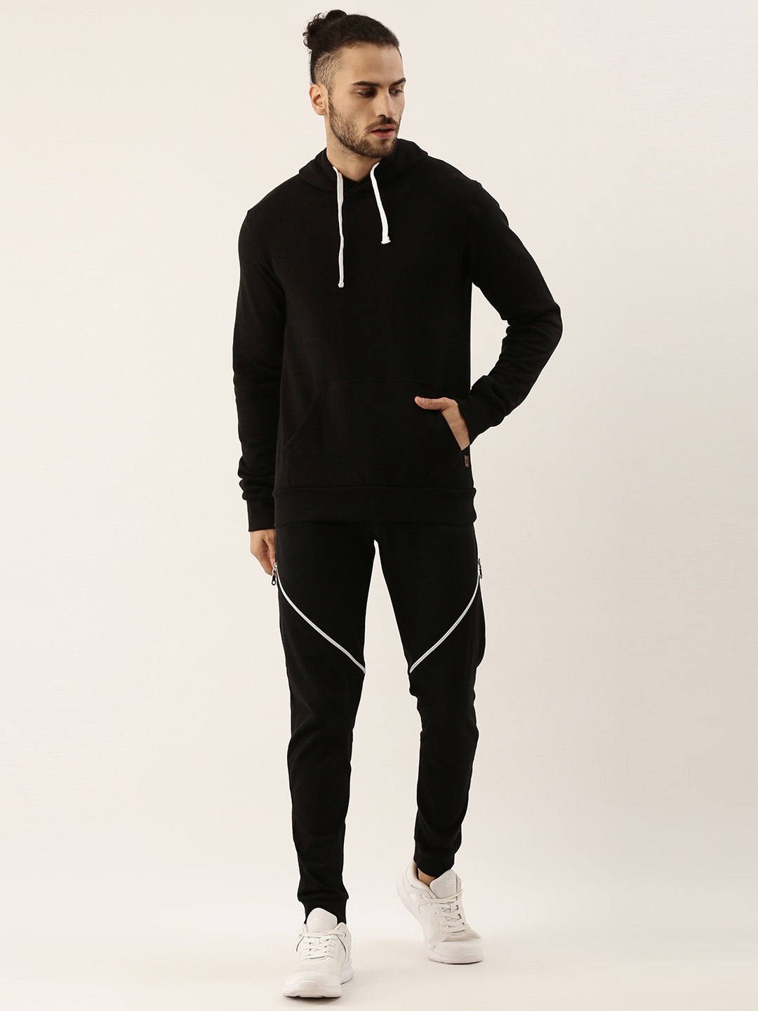 

Campus Sutra Men Black Solid Cotton Hooded Tracksuit