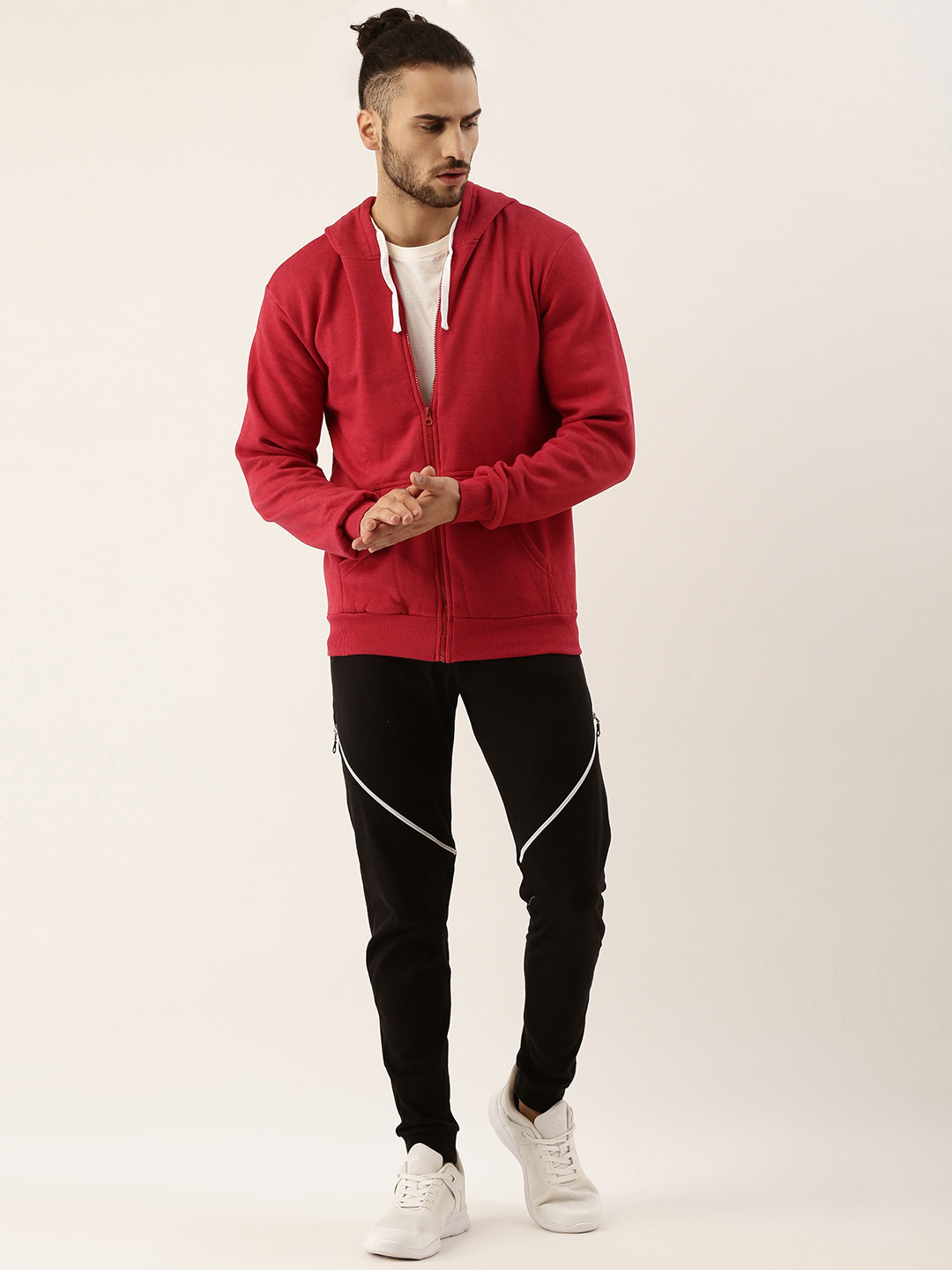 

Campus Sutra Men Maroon & Black Cotton Hooded Tracksuit