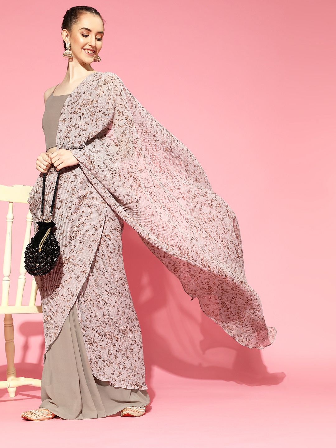 

Inddus Women Beige & Grey Printed Accordion Pleated Belted Ready to Wear Saree