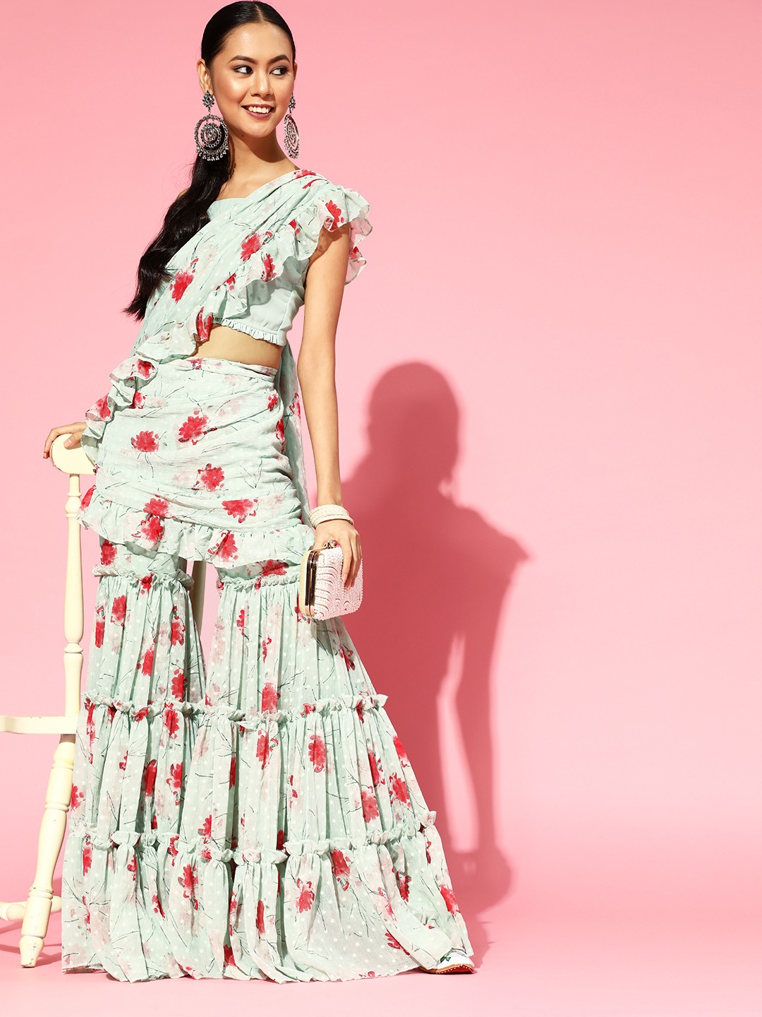 

Inddus Women Green & Red Floral Print Ready To Wear Sharara Saree