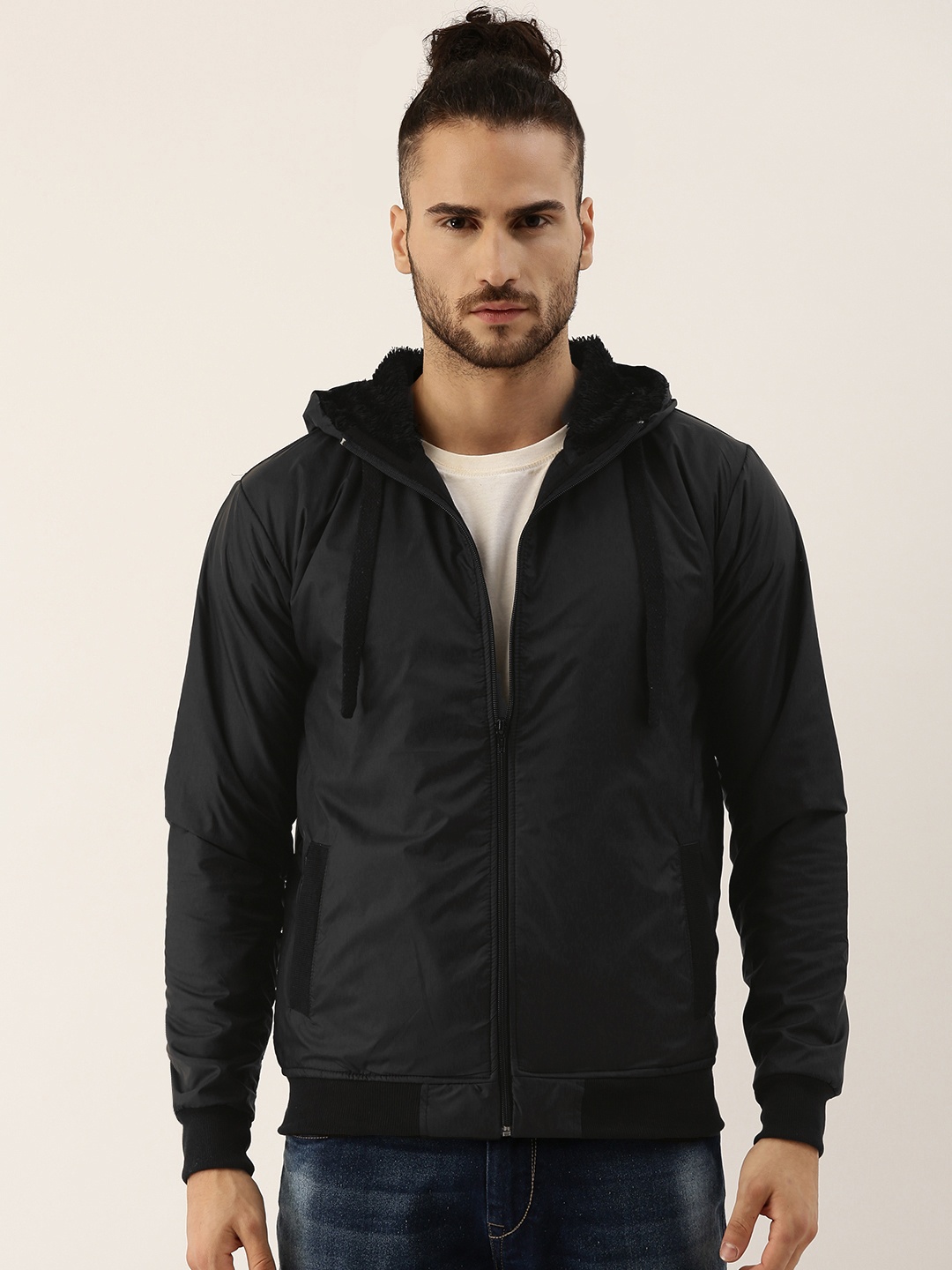

Campus Sutra Men Black Windcheater Hooded Bomber Jacket