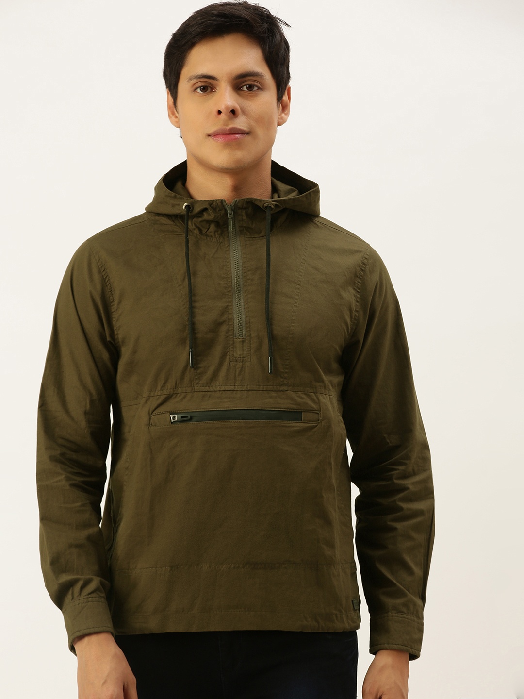 

Campus Sutra Men Olive Green Hooded Sweatshirt