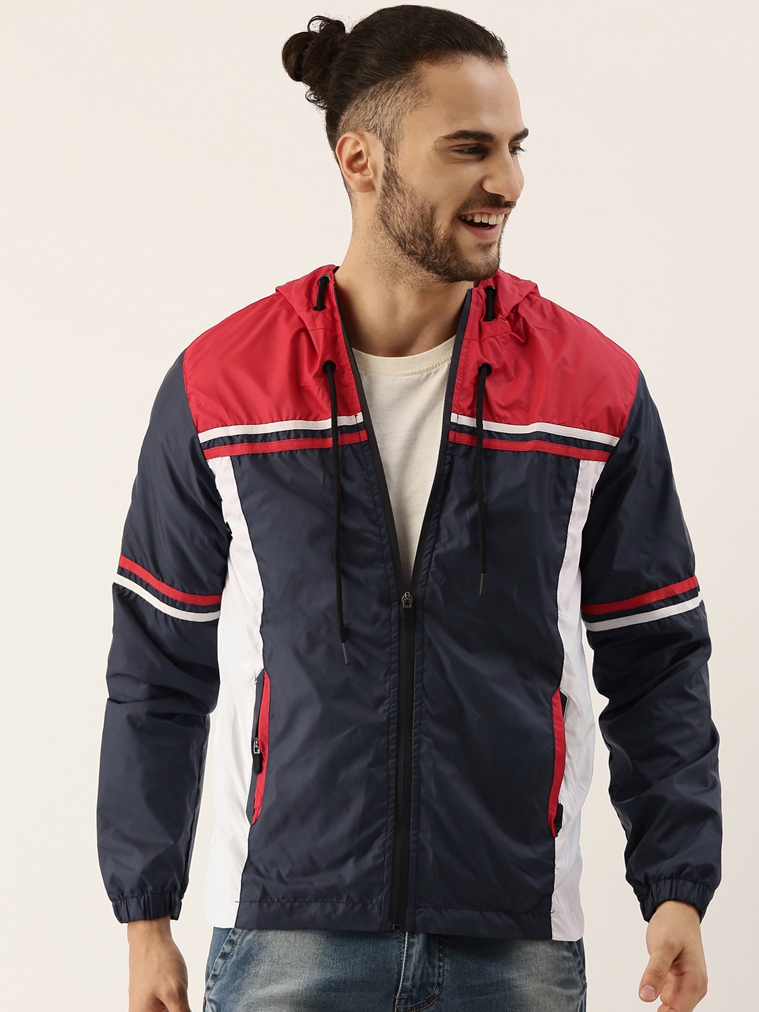 

Campus Sutra Men Navy Blue & Red Colourblocked Windcheater Outdoor Biker Jacket