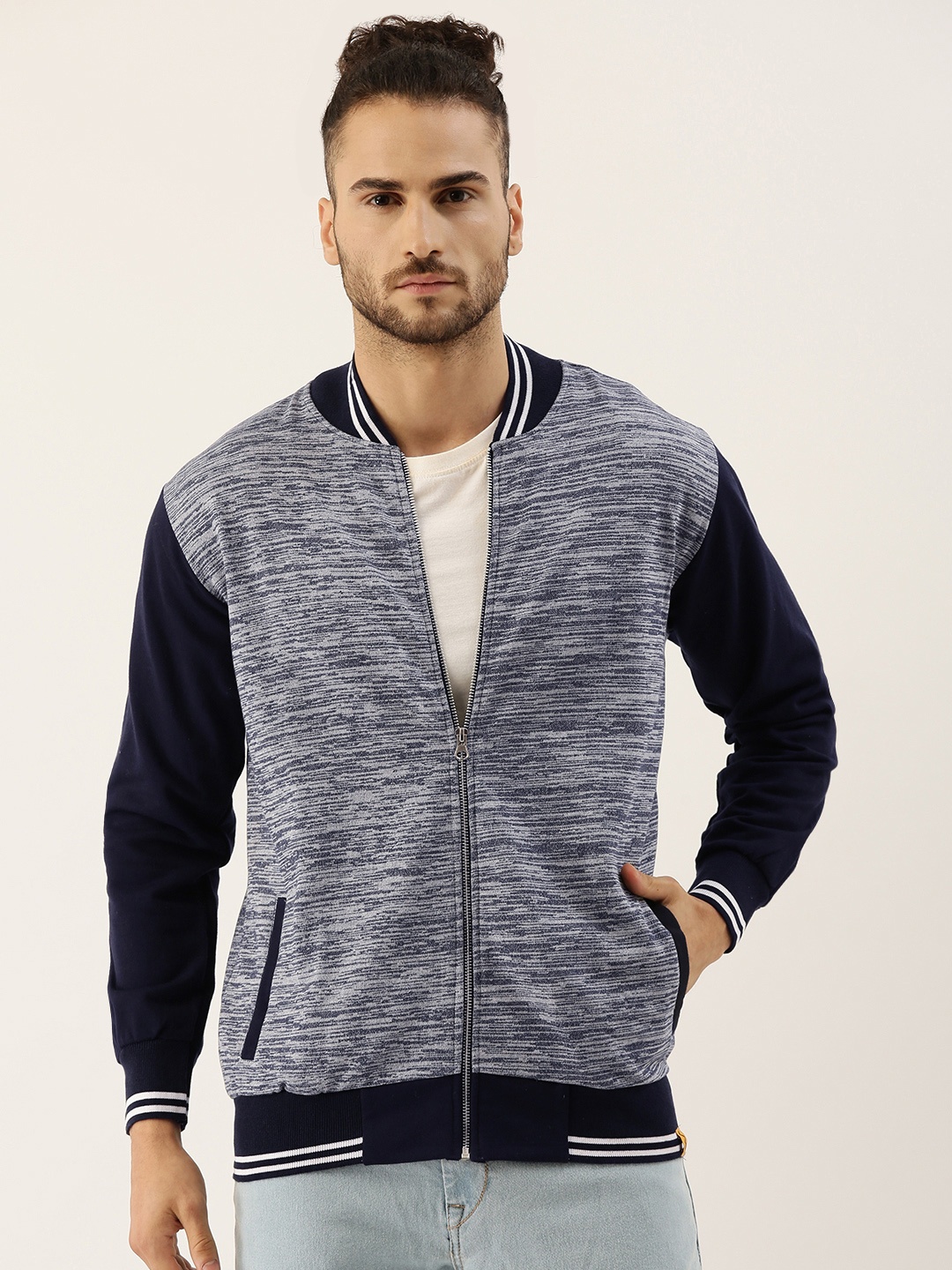 

Campus Sutra Men Navy Blue Colourblocked Windcheater Varsity Jacket