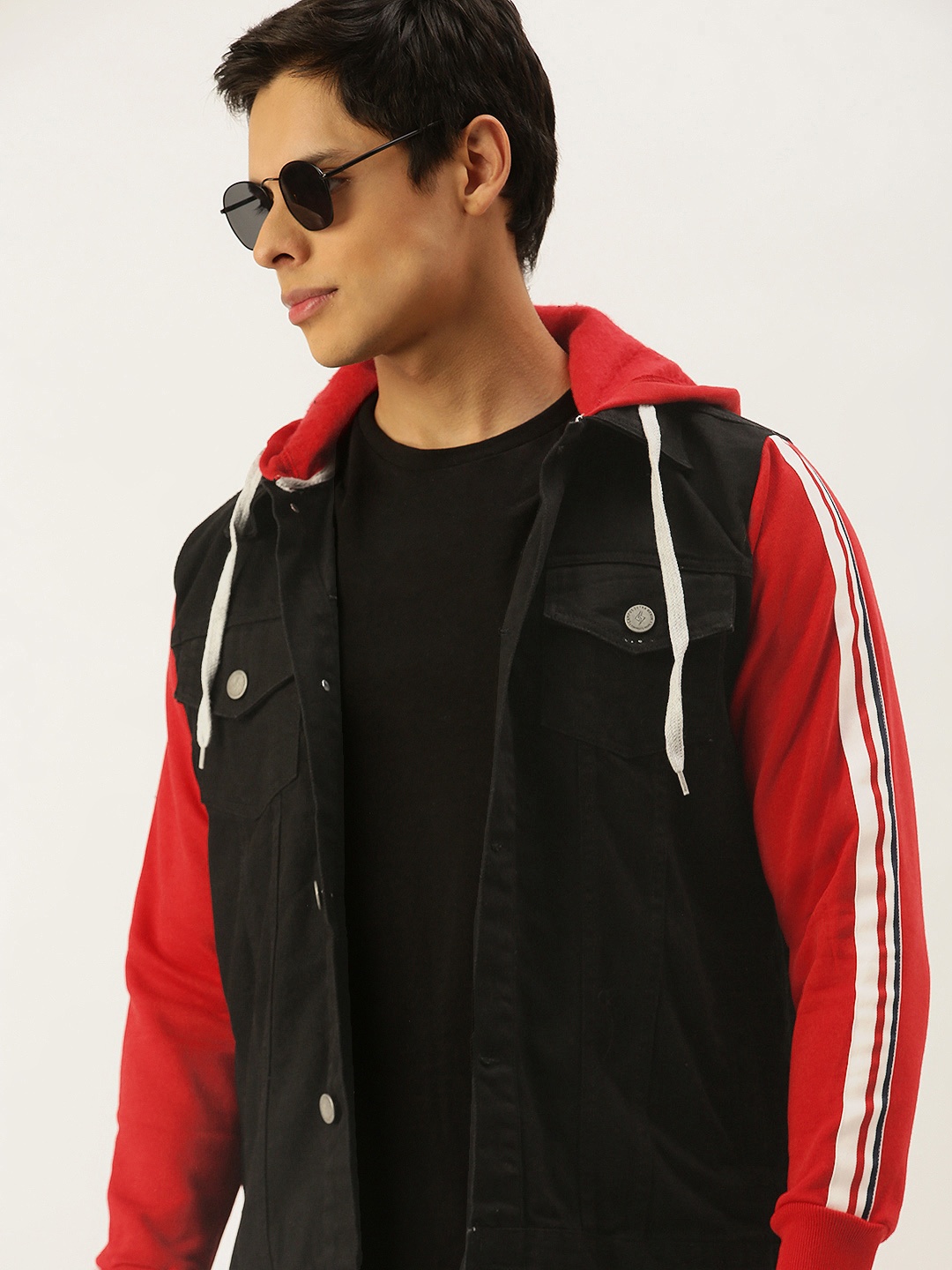 

Campus Sutra Men Black & Red Colourblocked Windcheater Denim Jacket