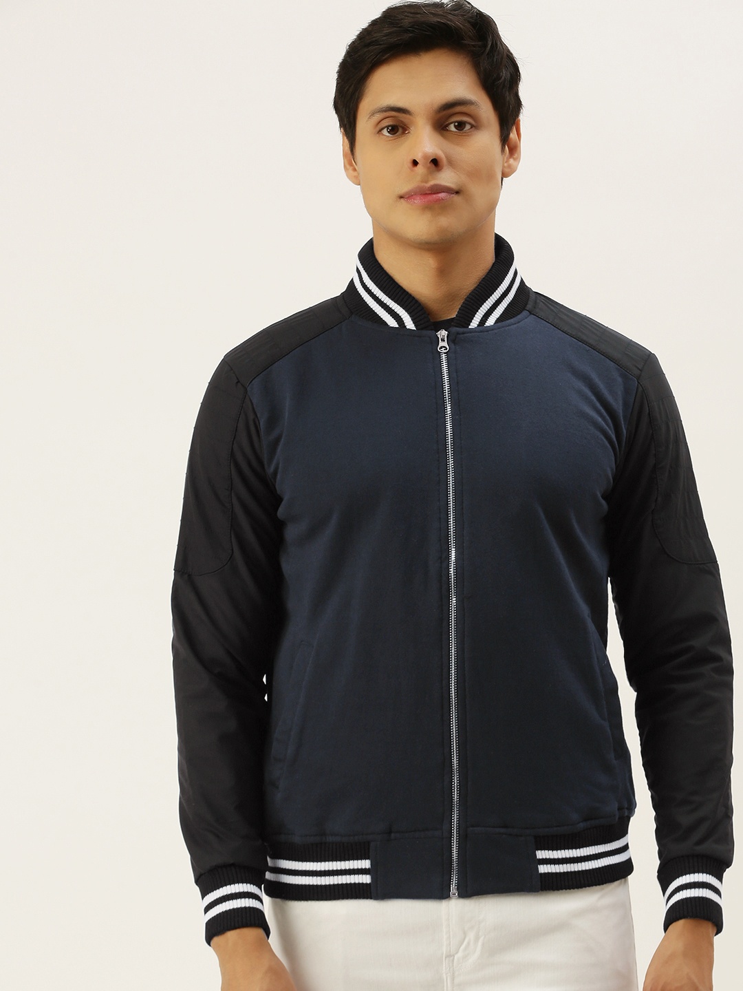 

Campus Sutra Men Blue & Black Colourblocked Windcheater Biker Jacket