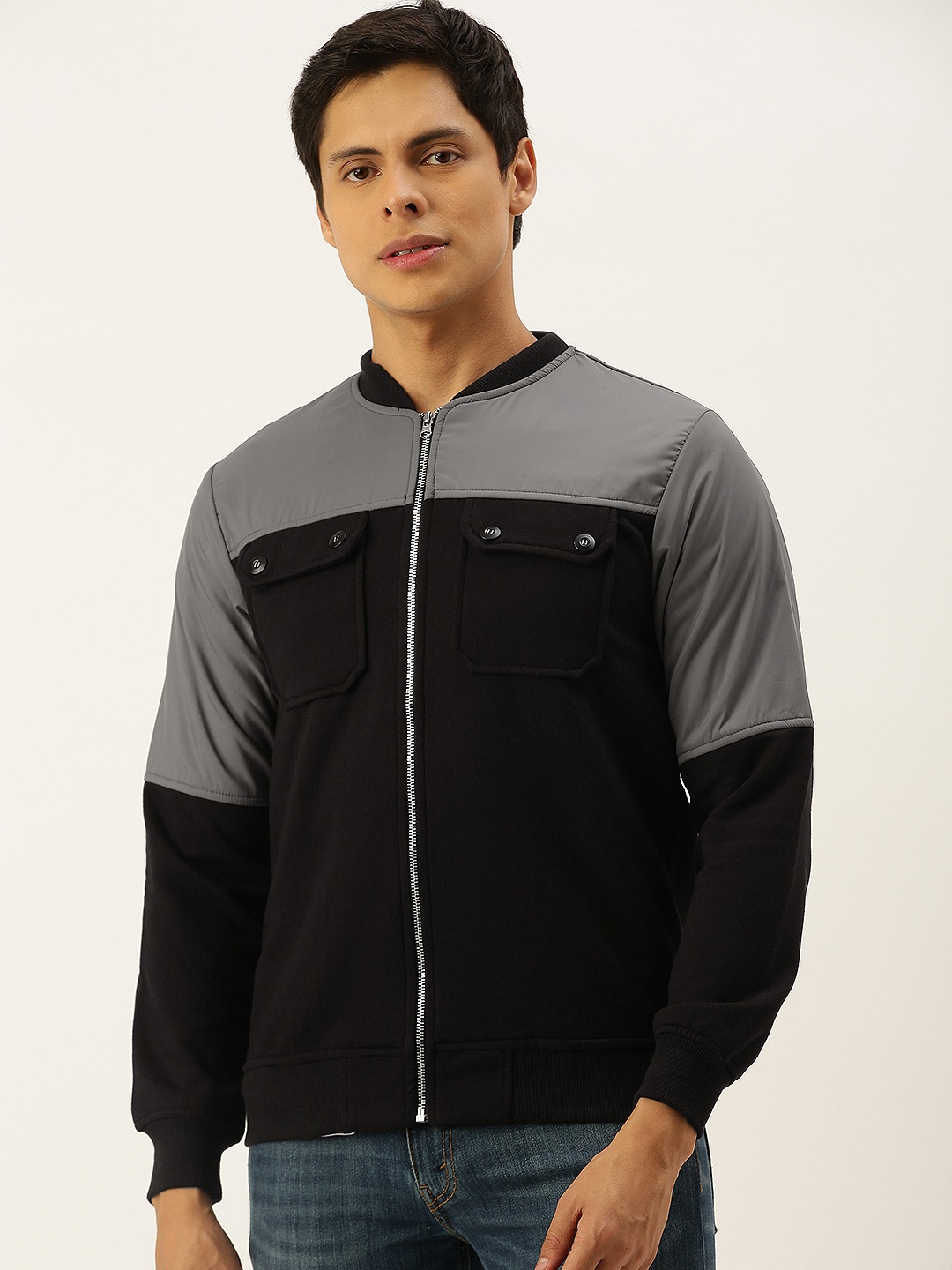 

Campus Sutra Men Black Grey & Black Colourblocked Windcheater Tailored Jacket