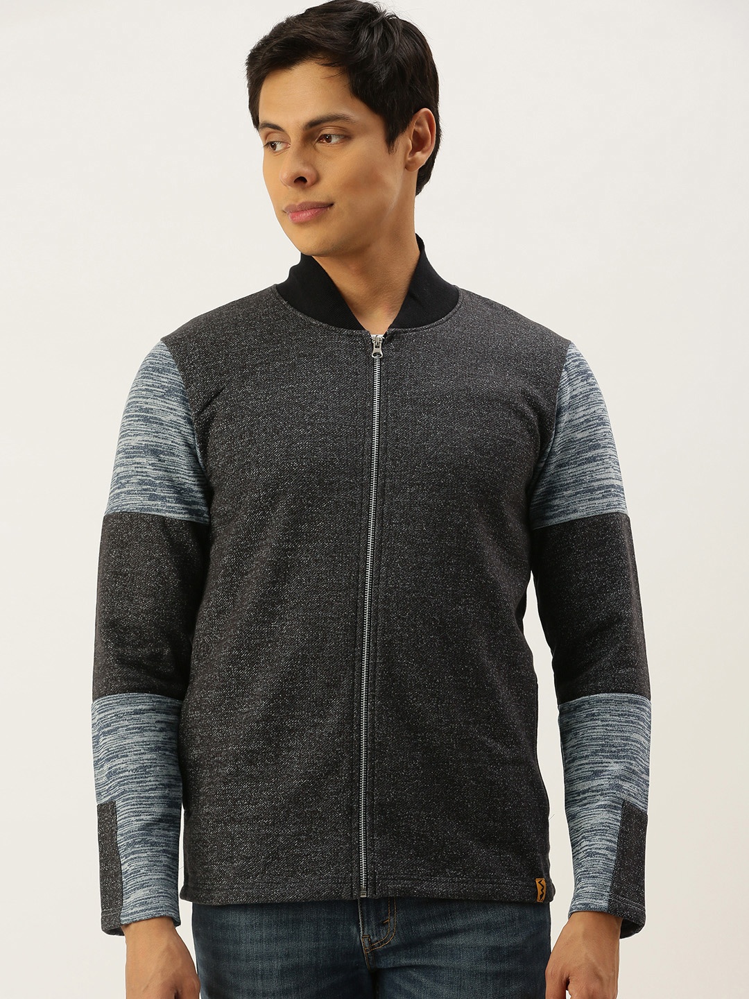 

Campus Sutra Men Charcoal Grey Colourblocked Sleeves Windcheater Tailored Jacket