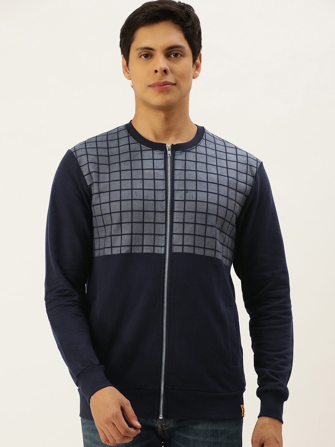 

Campus Sutra Men Blue & Grey Colourblocked Windcheater Biker Jacket